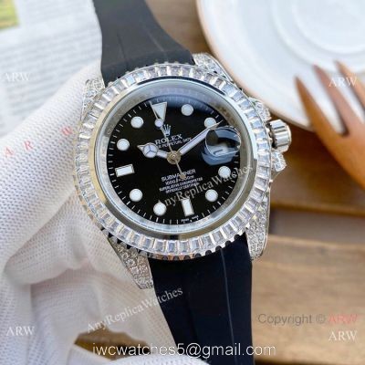 AAA Replica Rolex Submariner Diamond Watches SS Black Rubber Strap 1
