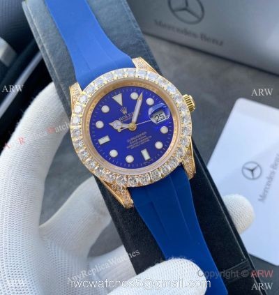 Top Replica Rolex Submariner Iced Out Diamond Watches 40mm Gold Case Blue Rubber Strap 1
