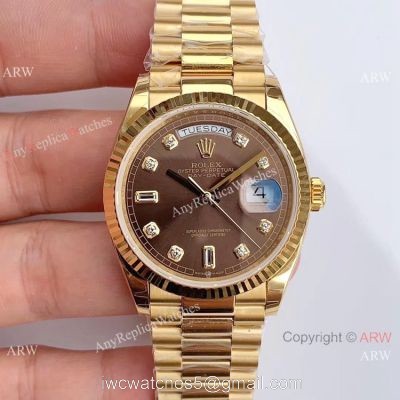(EW Factory )Rolex Oyster Perpetual Day Date Fake Watch ETA3255 Gold President Brown Diamond Dial 1