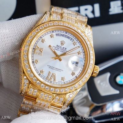 Replica Rolex Day Date II Watches Gold Iced Out Diamond Silver Dial 1