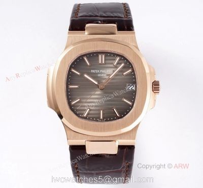 Swiss Patek Philippe Nautilus Rose Gold Grey Dial Brown Leather Strap Replica Watch 1