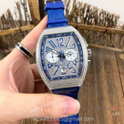 Copy Franck Muller Vanguard Chronograph Iced Out Watches Blue Gummy Strap 1