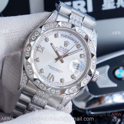 High Quality Replica Rolex Day Date II Iced Out Silver Dial Watches 41mm 1