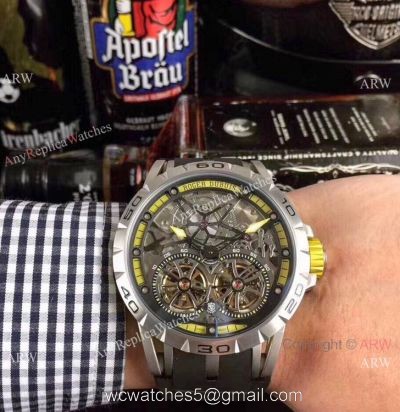 Copy Roger Dubuis Excalibur Skeleton Double Flying Tourbillon Watch SS Case 1