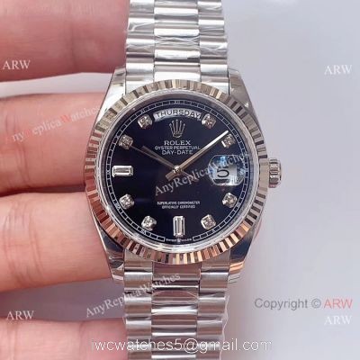 (EW)AAA Fake Rolex Presidential Day-Date Black Dial Stainless Steel Watch Swiss 3255 Movement 1