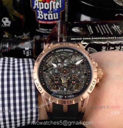 Replica Roger Dubuis Excalibur Double Flying Tourbillon Watches Black Skeleton Dial Rose Gold 1