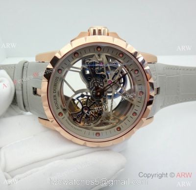 Copy Roger Dubuis Excalibur Flying Tourbillon Watch Rose Gold Gray Leather Strap 1