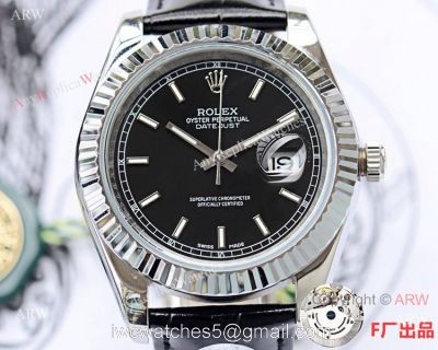 NEW UPGRADED Clone Rolex Datejust II 41mm Watch Black Dial Black Leather Strap 1