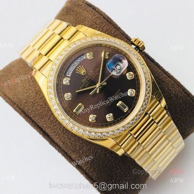 (EWF ) Swiss Rolex Oyster Perpetual Day Date Fake Watches Brown Diamond Dial 1