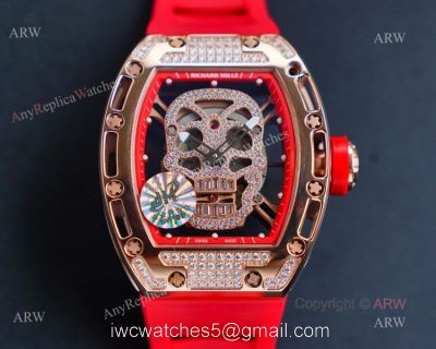 Rose Gold Richard Mille RM 052 Skull Replica Watch With Red Rubber Strap 1