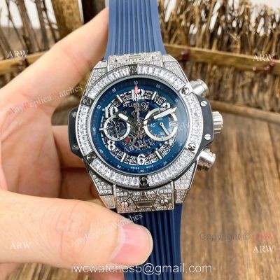 Best Quality Hublot Big Bang Unico Sapphire Iced Out Watches Blue Rubber Strap 1