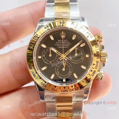 1:1 Best Replica Rolex Daytona 2 Tone Black Dial Watch Noob Factory 904L 4130 1