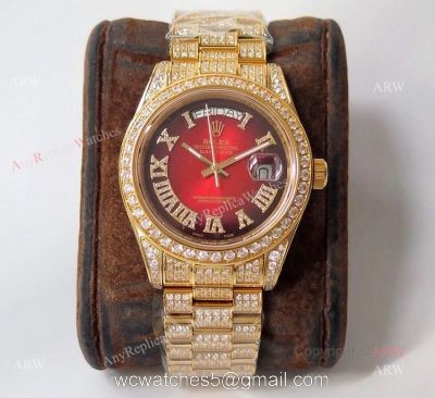 Mens Rolex Day Date Replica Watch Asian 2836 Red Face Rolex Iced Out Watch 1