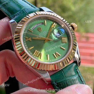 Upgraded Rolex DayDate II Green Dial Leather Strap Watch 41mm 1