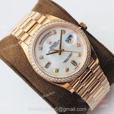 (EWF ) Swiss Replica Rolex Day Date Rose Gold White Mop Dial Diamond Watch 36mm 1