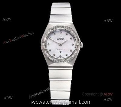 GF Factory Replica Omega Constellation Silver Diamond Bezel White Mop Dial Swiss Quartz Watch 25mm 1