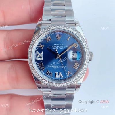 (EW) Swiss 3235 Replica Rolex Datejust Blue Dial 36mm Watch With Diamond Bezel 1