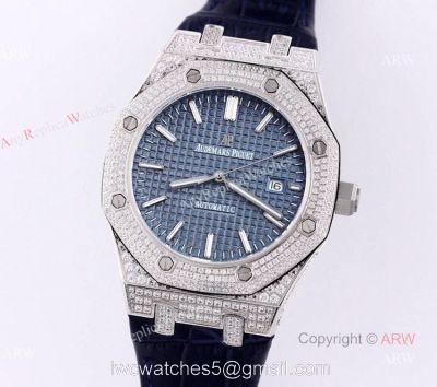 Swiss Replica Iced Out Audemars Piguet Royal Oak Blue Dial Watch Blue Leather Strap 1