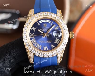Knock-off Rolex Day-Date 40MM Blue Face Diamond Case Rubber Strap Watch 1