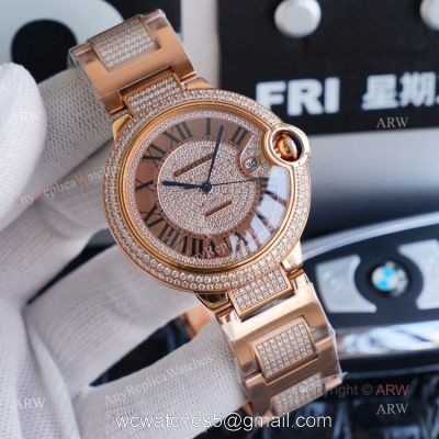 1:1 Copy Rose Gold Cartier Ballon Bleu Replica Full Diamond Watch 42mm 1