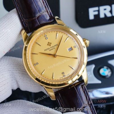 New Patek Philippe Calatrava Replica Watch Gold Dial With Brown Leather Band 1