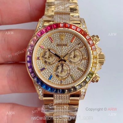 JH Factroy New Gold Rolex Daytona Rainbow Diamonds Watch Replica Swiss Cal 4130 1