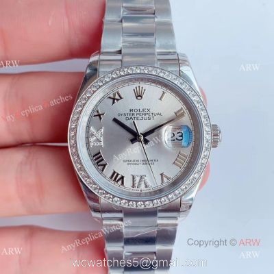 (EW) Swiss Replica Rolex Datejust Stainless Steel Silver Dial Diamond Watch 36mm 1