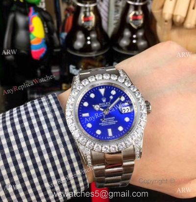 Fake Rolex Blue Face Submariner Date Diamond Bezel Stainless Steel Watches 40mm 1