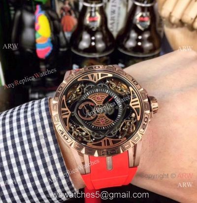 Copy Roger Dubuis Excalibur Quatuor Men Watches Red Rubber Strap Rose Gold Case 1