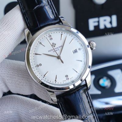 New Patek Philippe Geneve Copy Watches White Dial Black Leather Strap 1