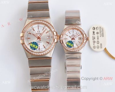 Swiss Quality Clone Omega Double Eagle Couple Watches Silver Dial Diamond Bezel 38mm and 27mm 1