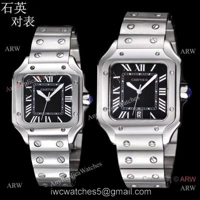 Replica Cartier Santos de Cartier Stainless Steel Black Dial Lover Watch 1