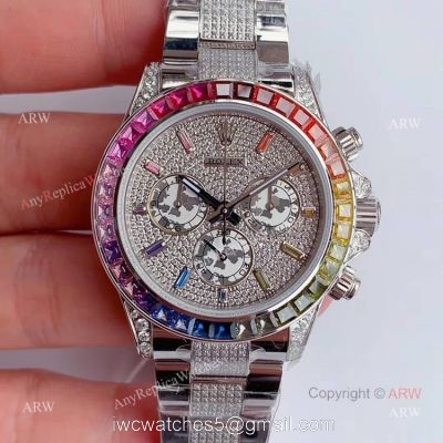 JH Factroy New Rolex Daytona Rainbow Full Pave Diamond Replica Watch Swiss 4130 Movement 1