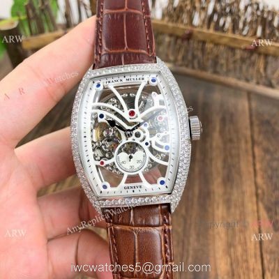 Knockoff Franck Muller Cintree Curvex Skeleton Watches SS Diamond Brown Leather Strap 1