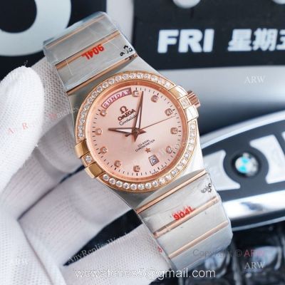 1:1 Swiss Replica Omega Constellation Double Eagle Rose Gold Diamond Watch 38mm 1