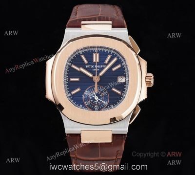 New Patek Philippe Nautilus Rose Gold And Silver Blue Dial Chronograph Swiss Replica Watches 1