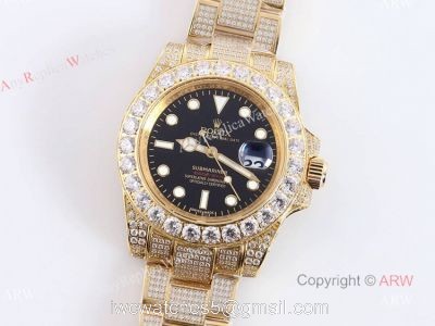 Best Replica Gold Rolex Submariner Date Black Dial All Diamond Watches For Men 1
