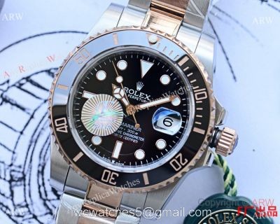 Copy Rolex Submariner Date Watch Two Tone Rose Gold Black Dial Black Ceramic Bezel 1