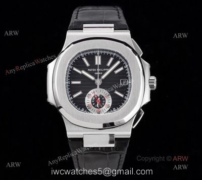 New Patek Philippe Nautilus 5980 Black Dial Black Leather Strap Swiss Made Replica Watch 1