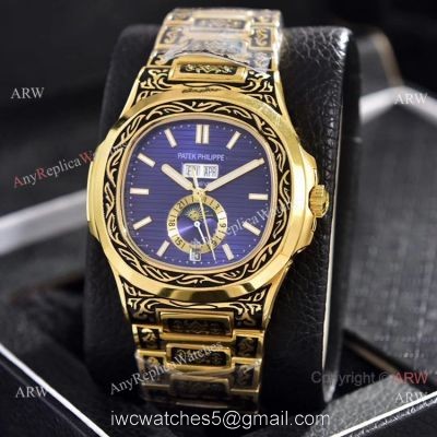 Clone Patek Philippe Annual Calendar Watches Yellow Gold Engraving Blue Dial 1