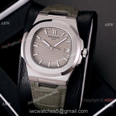Buy Knockoff Patek Philippe Nautilus Watches SS Gray Dial Leather Strap 1