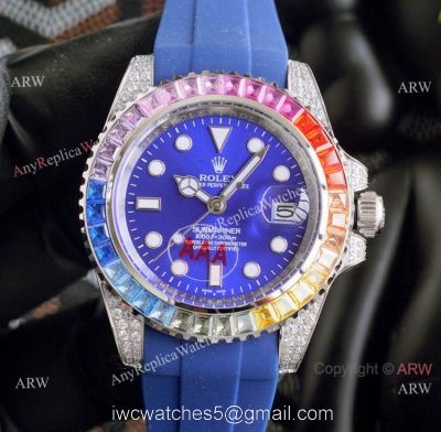 Top Replica Rolex Submariner Watch Rainbow Bezel Blue Rubber Strap 1