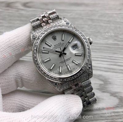 Iced Out Rolex Datejust ii 41 Silver Dial And Stick Markers Swiss 3255 Replica Watches 1