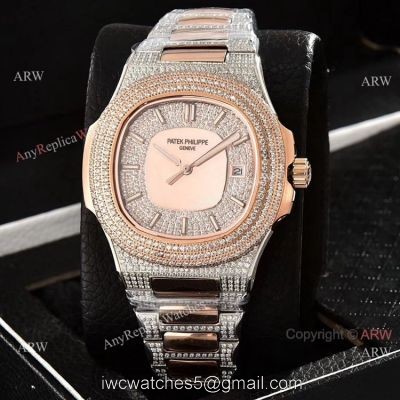 Luxury Patek Philippe Nautilus Full Diamond Automatic Watches Rose Gold Case 1