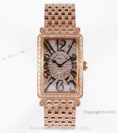 New! Swiss Replica Franck Muller Long Island Iced Out Watch Rose Gold 26mm 1
