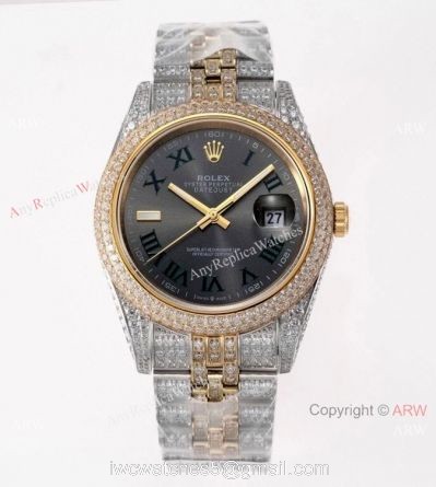 TW Factory Swiss Rolex Iced Out Datejust Watch Two Tone Grey Dial 41mm 1
