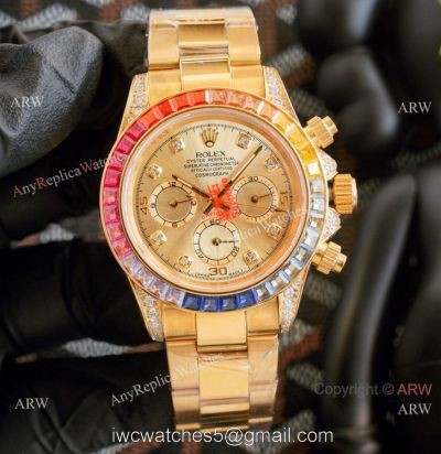 Fake Rolex Daytona Rainbow Bezel Yellow Gold Automatic Watch 43mm 1