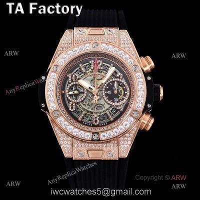 Swiss Quality Hublot Big Bang Rose Gold Black Rubber Strap Full Diamonds Watches Replica 1