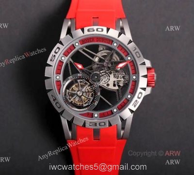 Swiss Replica Roger Dubuis Excalibur Spider Tourbillon Skeleton Watch With Red Rubber Band 1