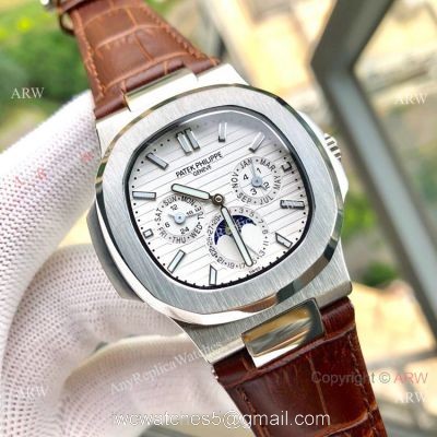 Copy Patek Philippe Nautilus White Face Annual Calendar Watch Brown Leather Strap 1